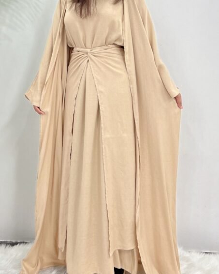 Abaya Kimono 3 Pièces Beiges avec Voile