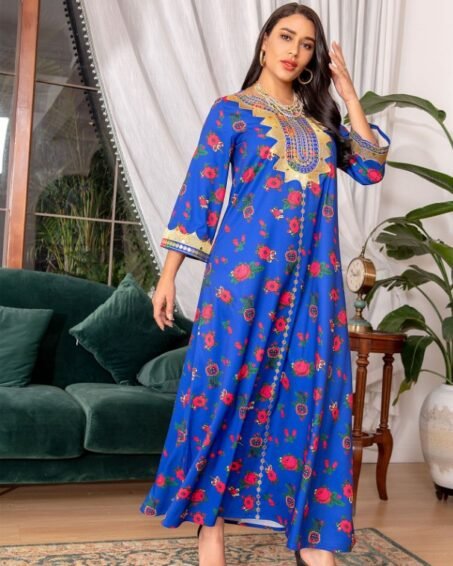 Djellaba Tunisienne Bleue Florale pour Femme - Muslimatoun