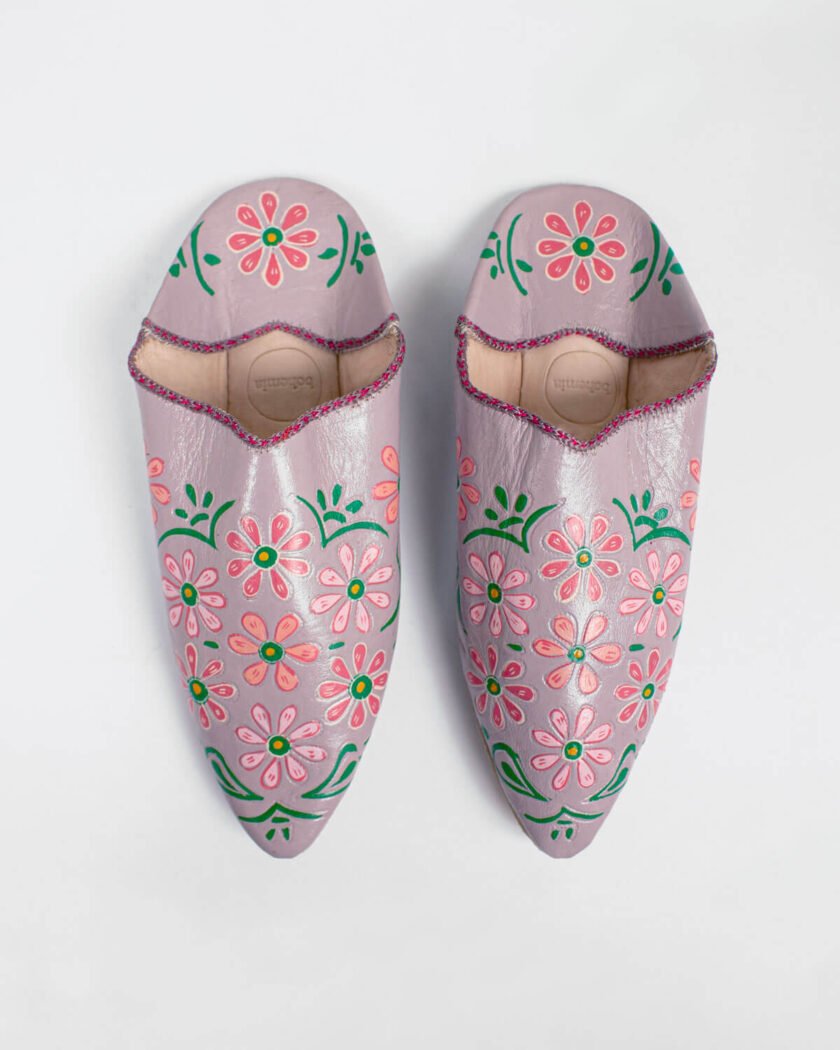 Hand Painted Flower Babouche Slippers, Lilac