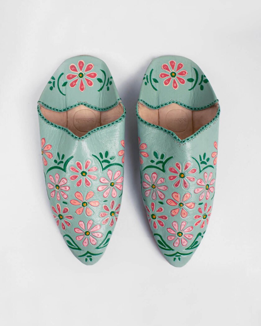 Hand Painted Flower Babouche Slippers, Sage