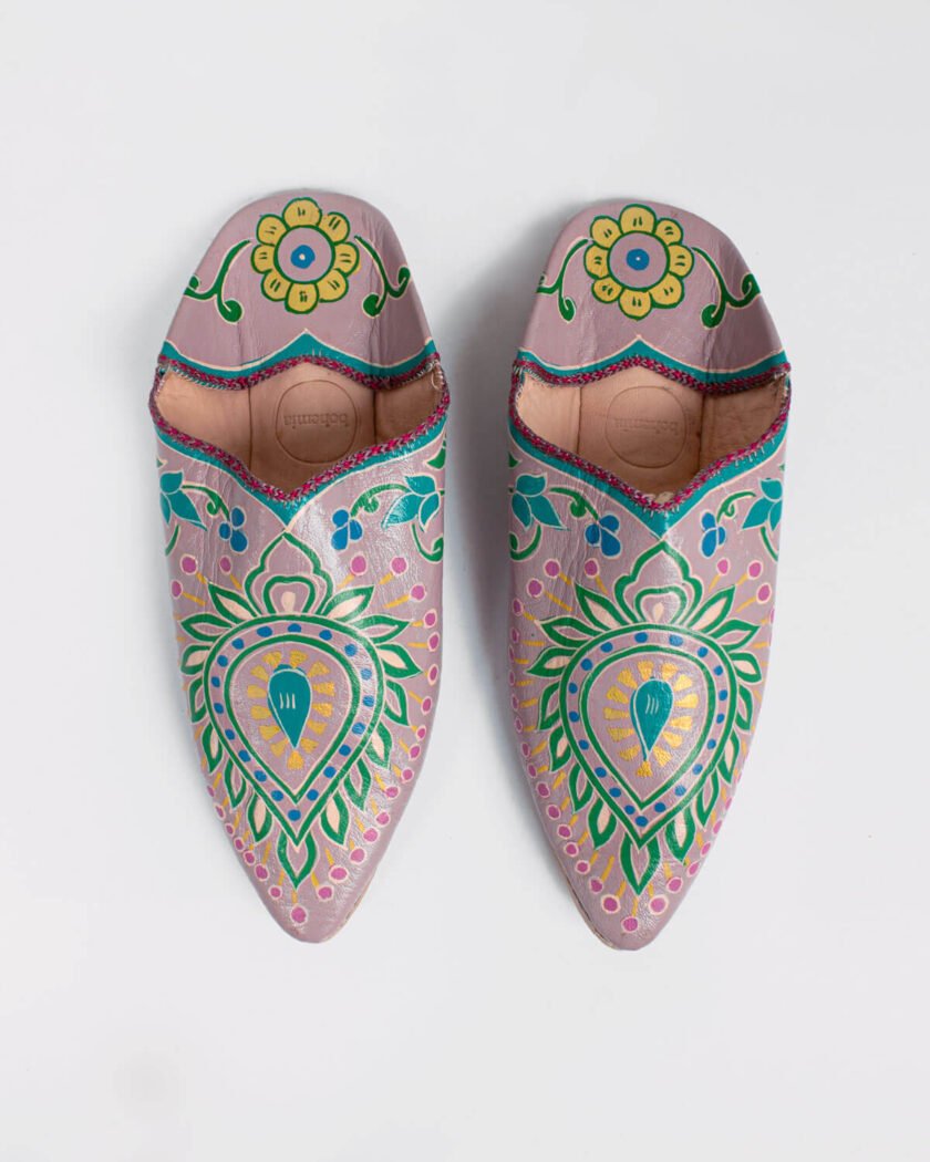 Hand Painted Leaf Babouche Slippers, Lilac