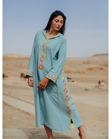 Light Blue and Yellow Djellaba Moroccan Dress