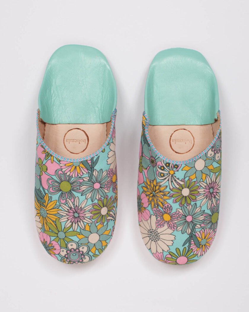 Margot Floral Babouche Slippers, Duck Egg