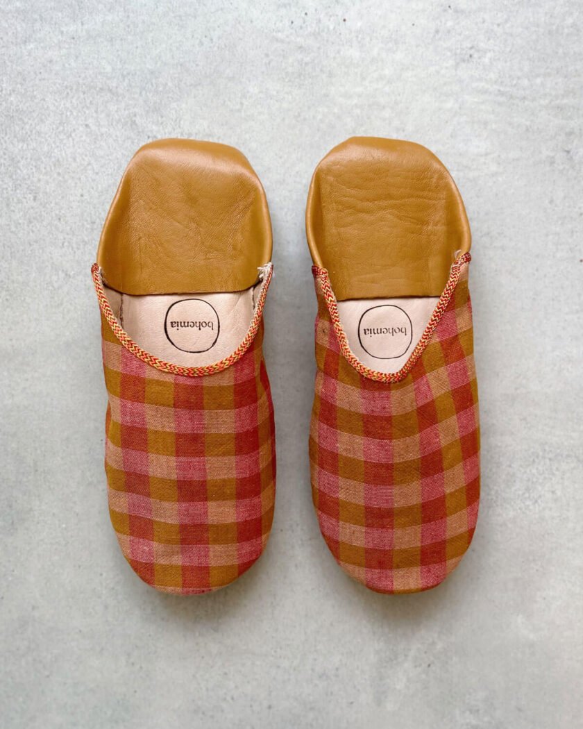 Margot Linen Babouche Slippers, Burnt Orange Check