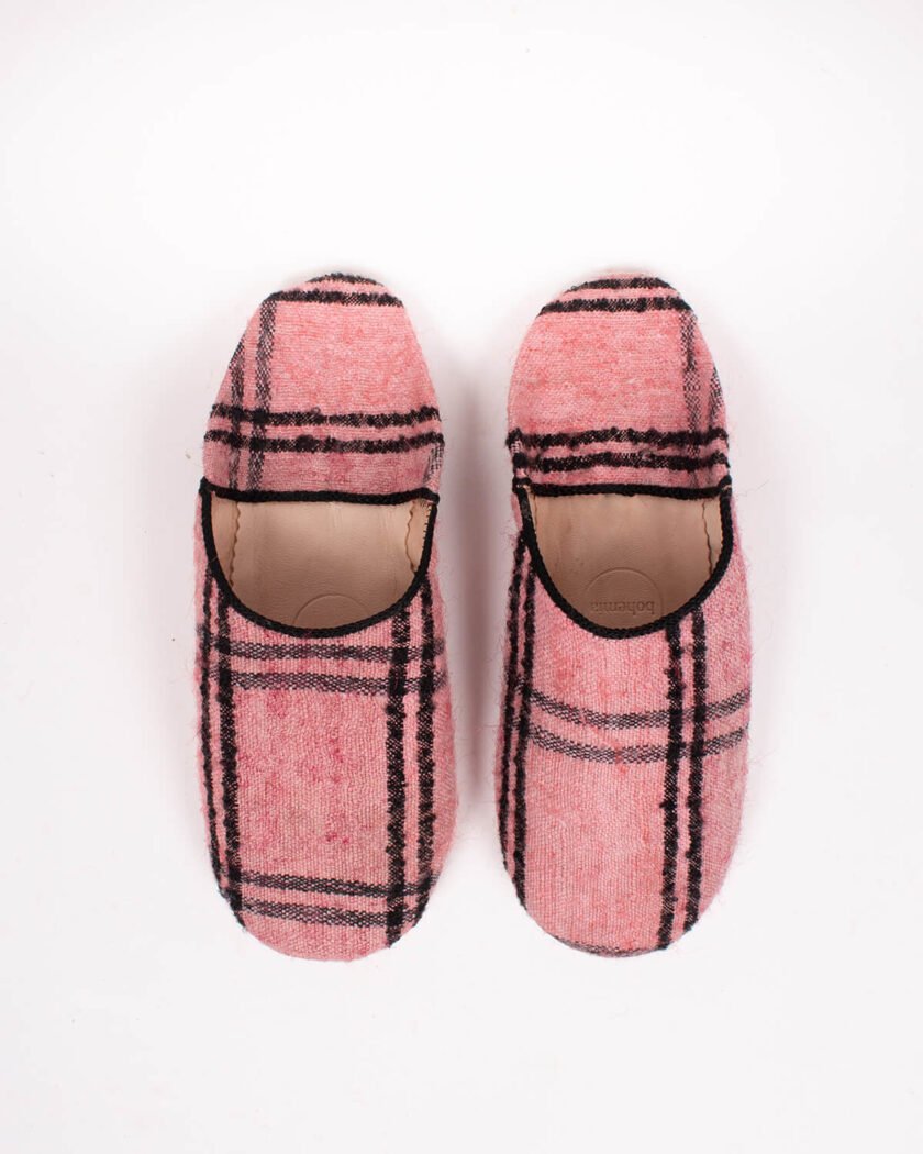 Moroccan Boujad Basic Babouche Slippers, Vintage Rose Check