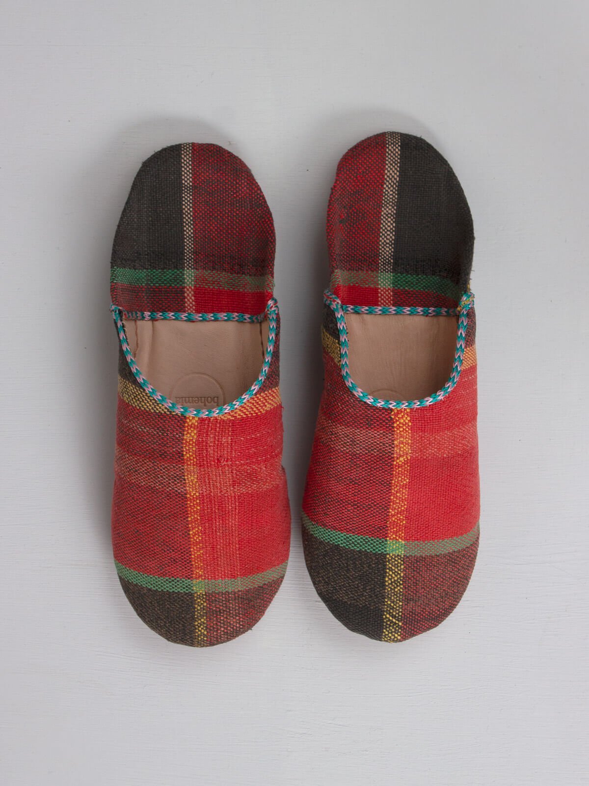 Moroccan Boujad Fabric Basic Babouche Slippers, Coral Check