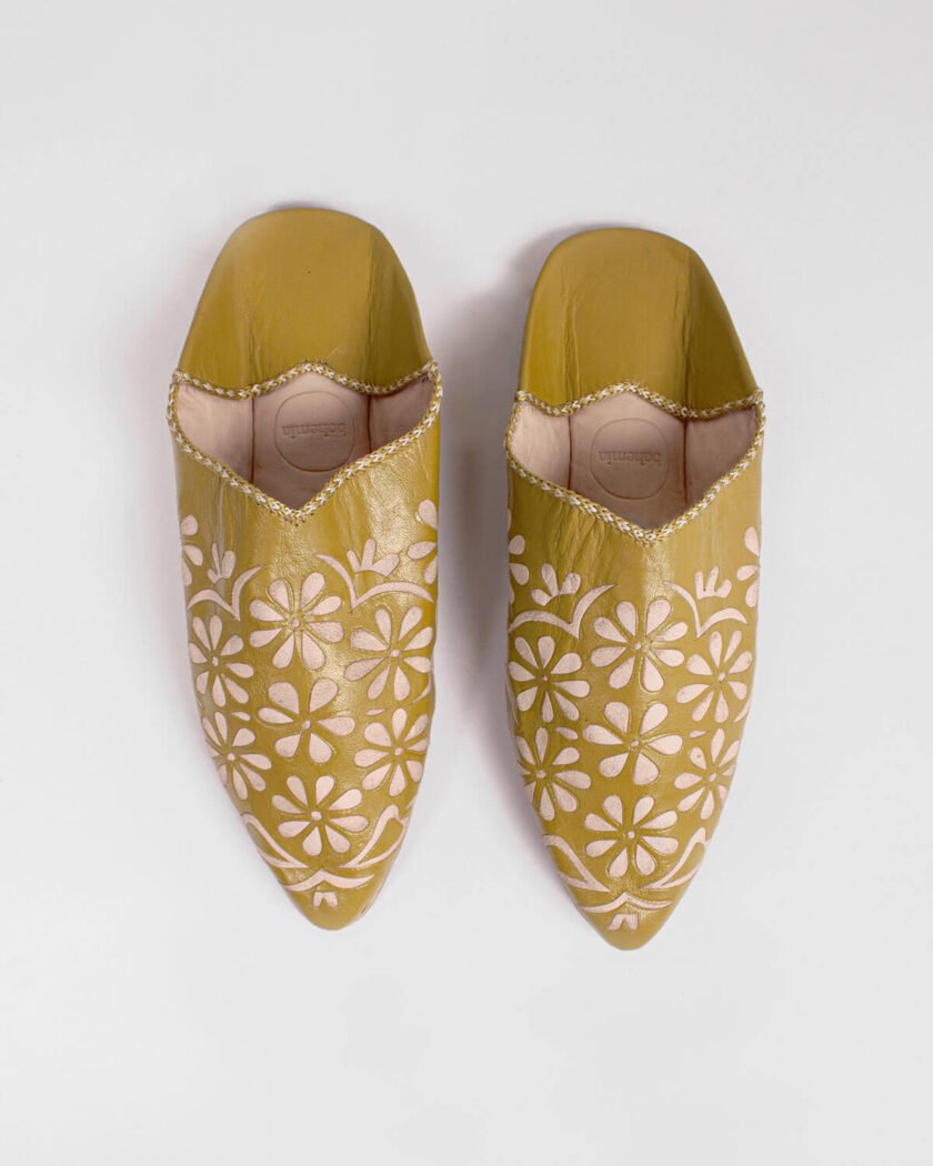 Moroccan Decorative Daisy Babouche Slippers, Mustard