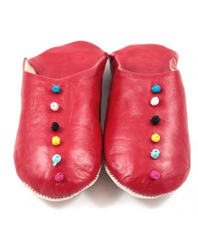Pom-pom slippers in red leather